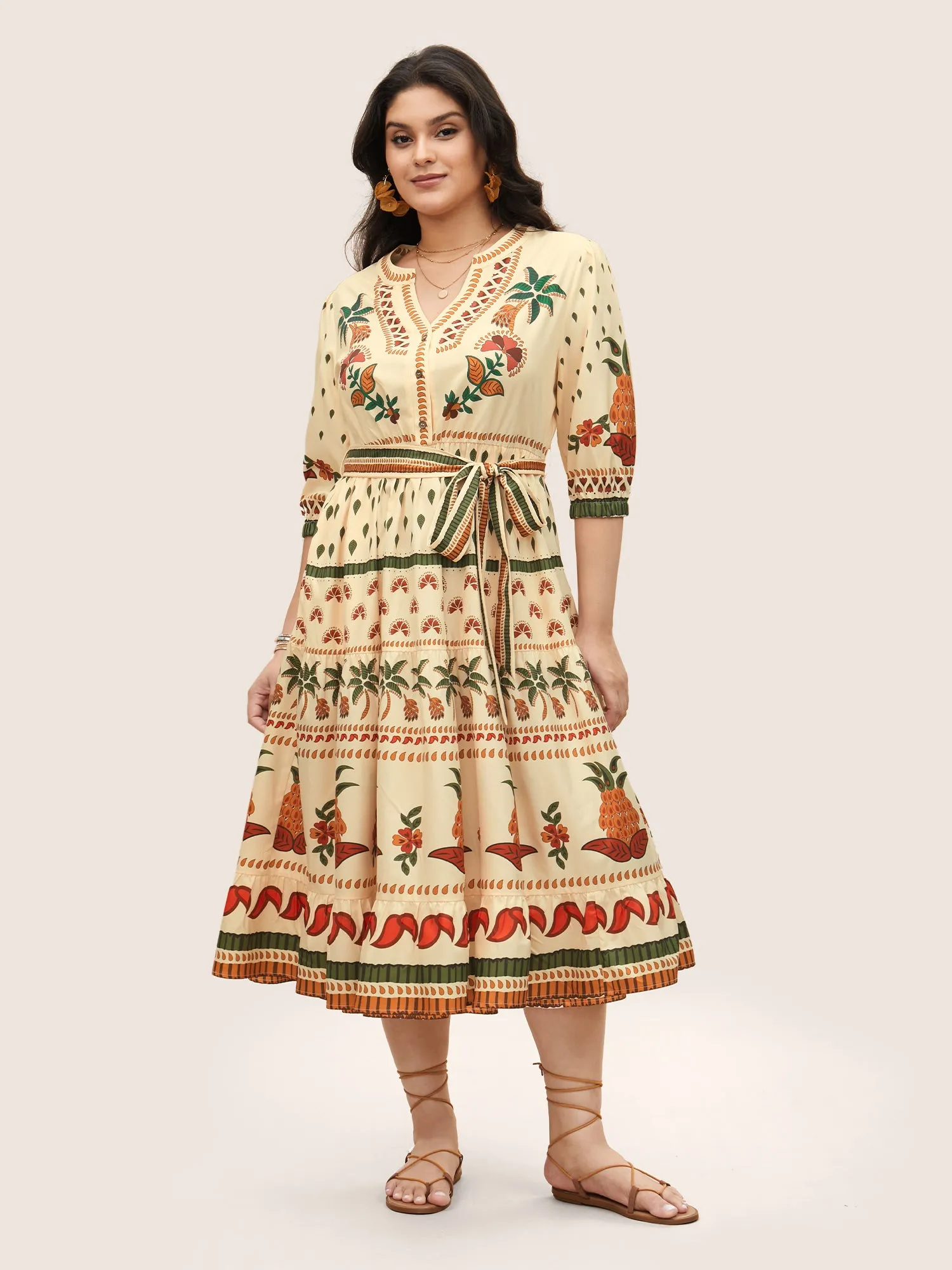 Boho Print Notched Collar Patchwork Belted Dress sold by Bloomchic product image thumbnail 2
