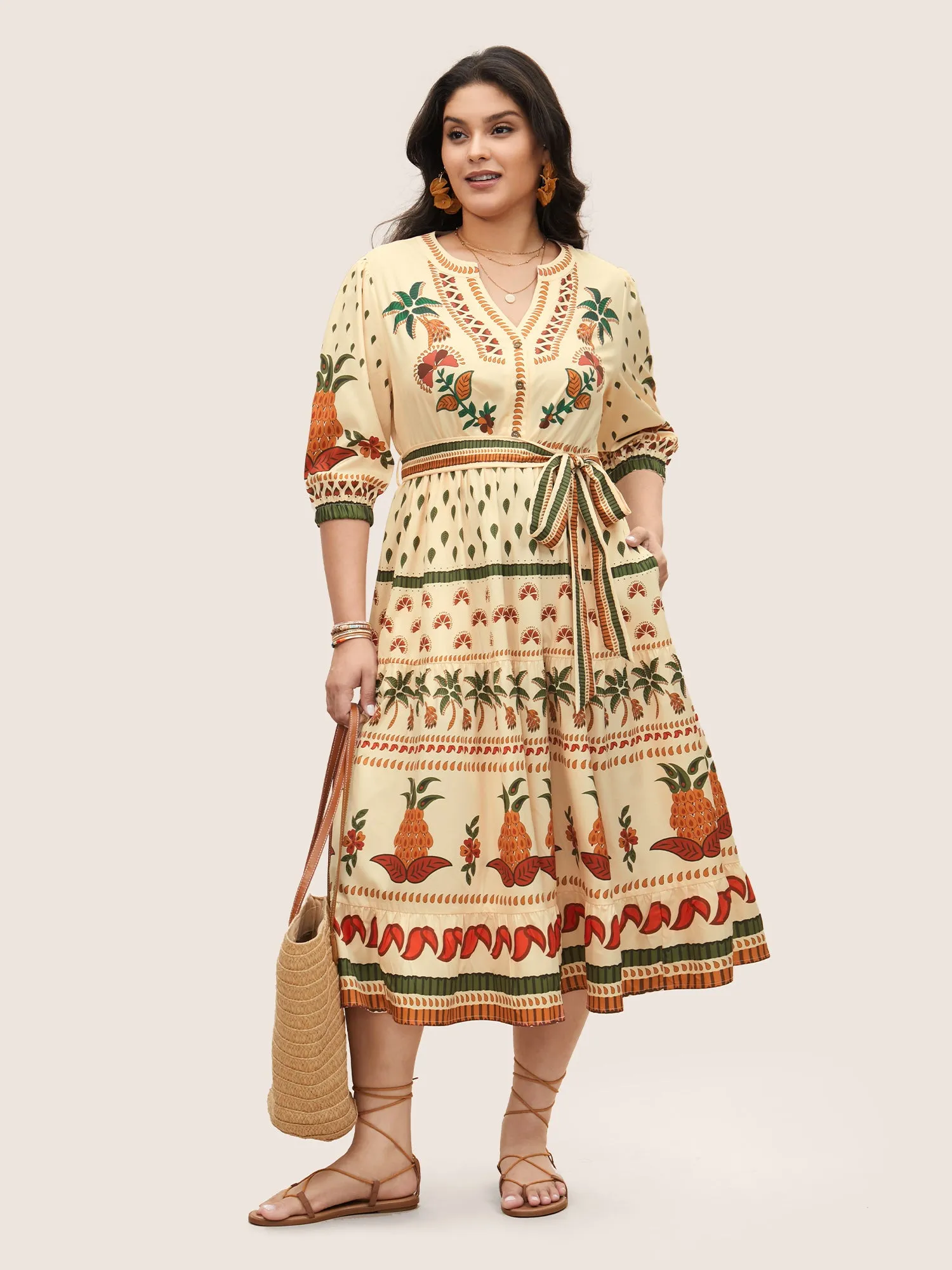 Boho Print Notched Collar Patchwork Belted Dress sold by Bloomchic