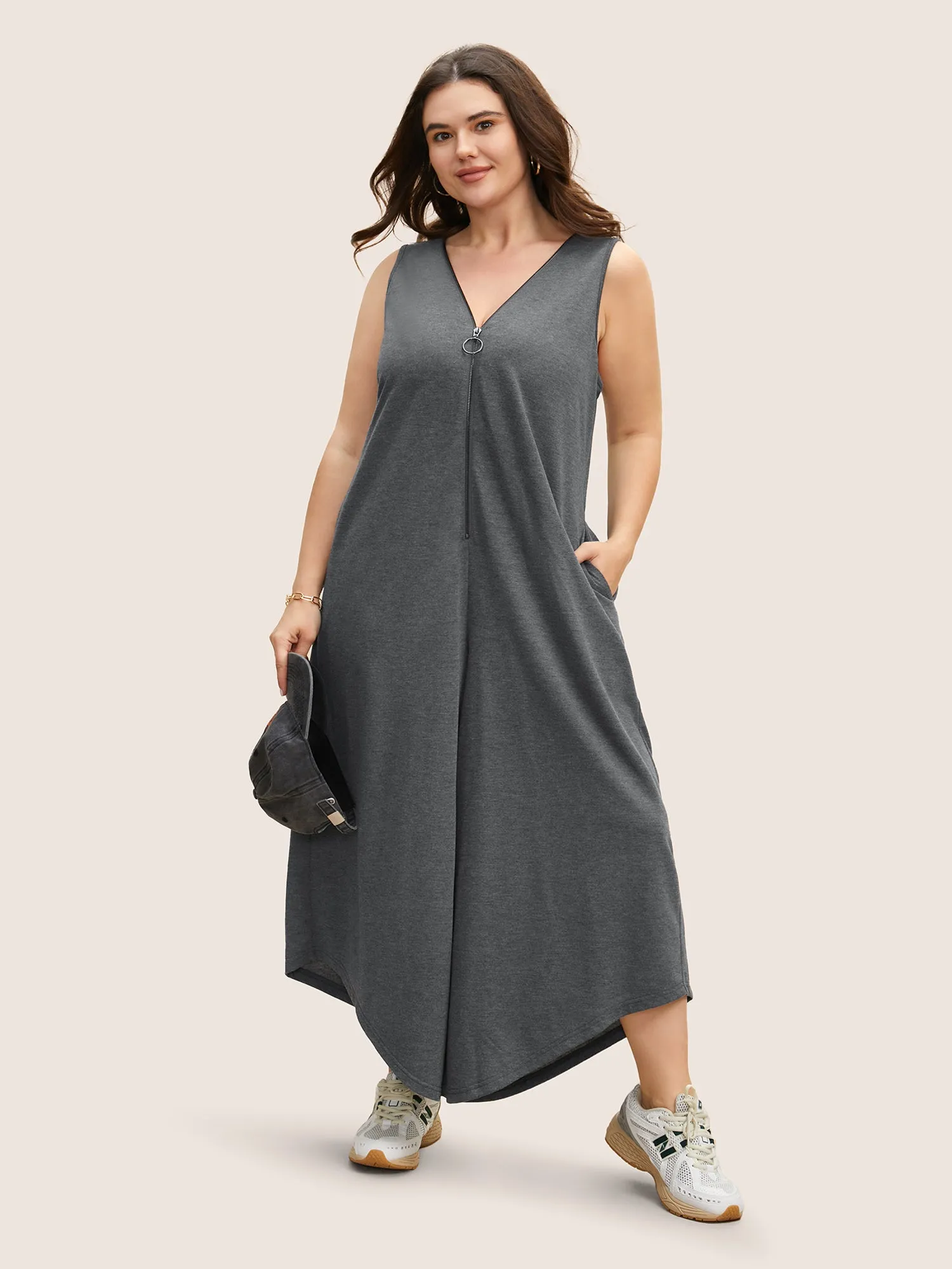 V Neck O Ring Zipper Loose Jumpsuit sold by Bloomchic