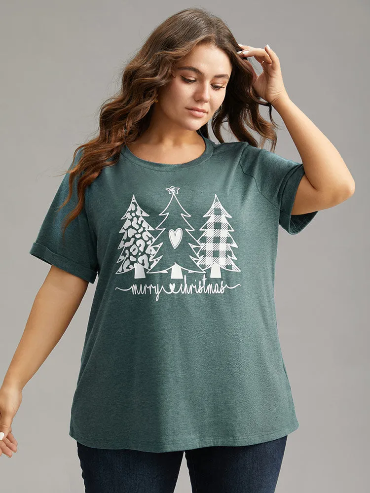 Christmas Trees Print Cuffed Sleeve T-shirt sold by Bloomchic