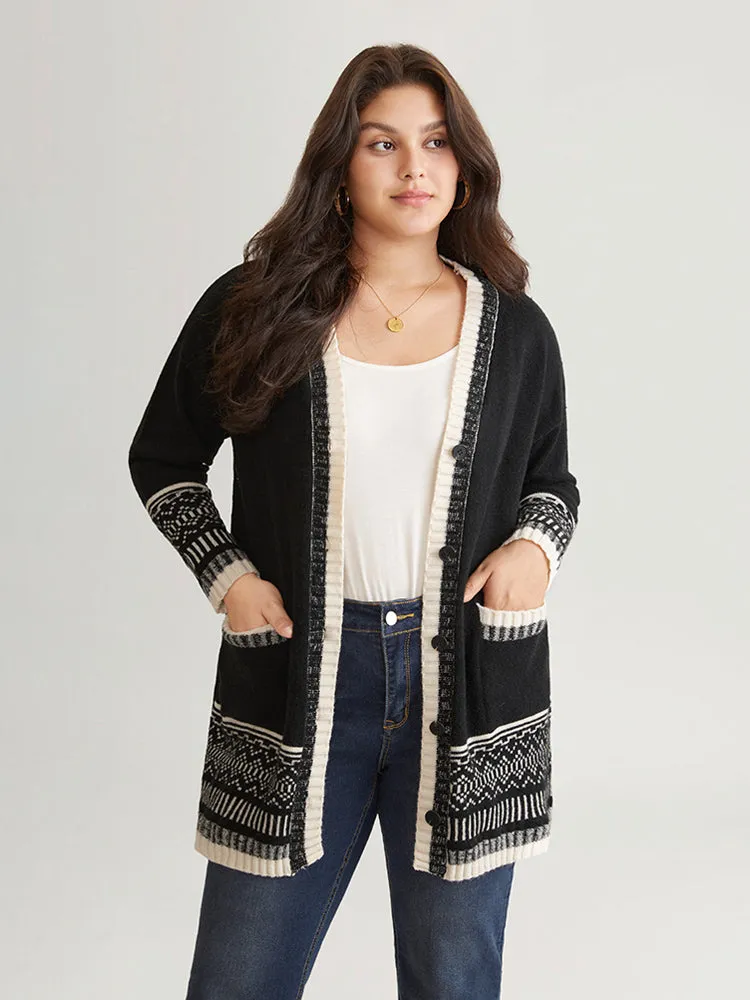 Geometric Jacquard Contrast Pocket Cardigan sold by Bloomchic