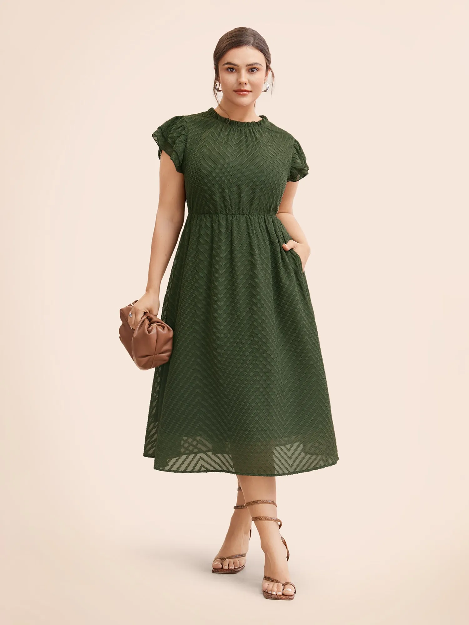 Plain Geometric Layered Sleeve Pocket Ruffle Mock Neck Dress sold by Bloomchic product image thumbnail 3