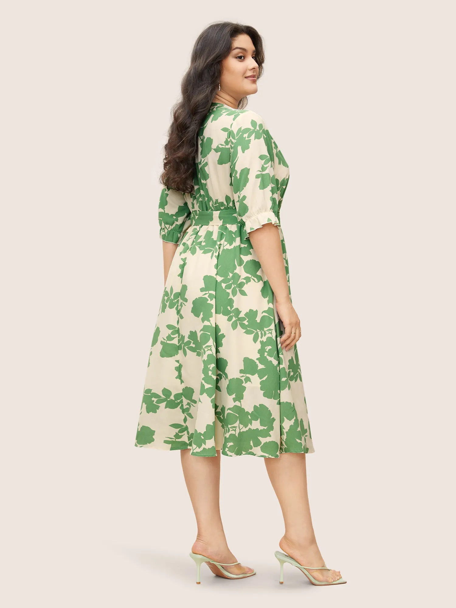 Silhouette Floral Print Overlap Collar Lantern Sleeve Dress sold by Bloomchic product image thumbnail 3