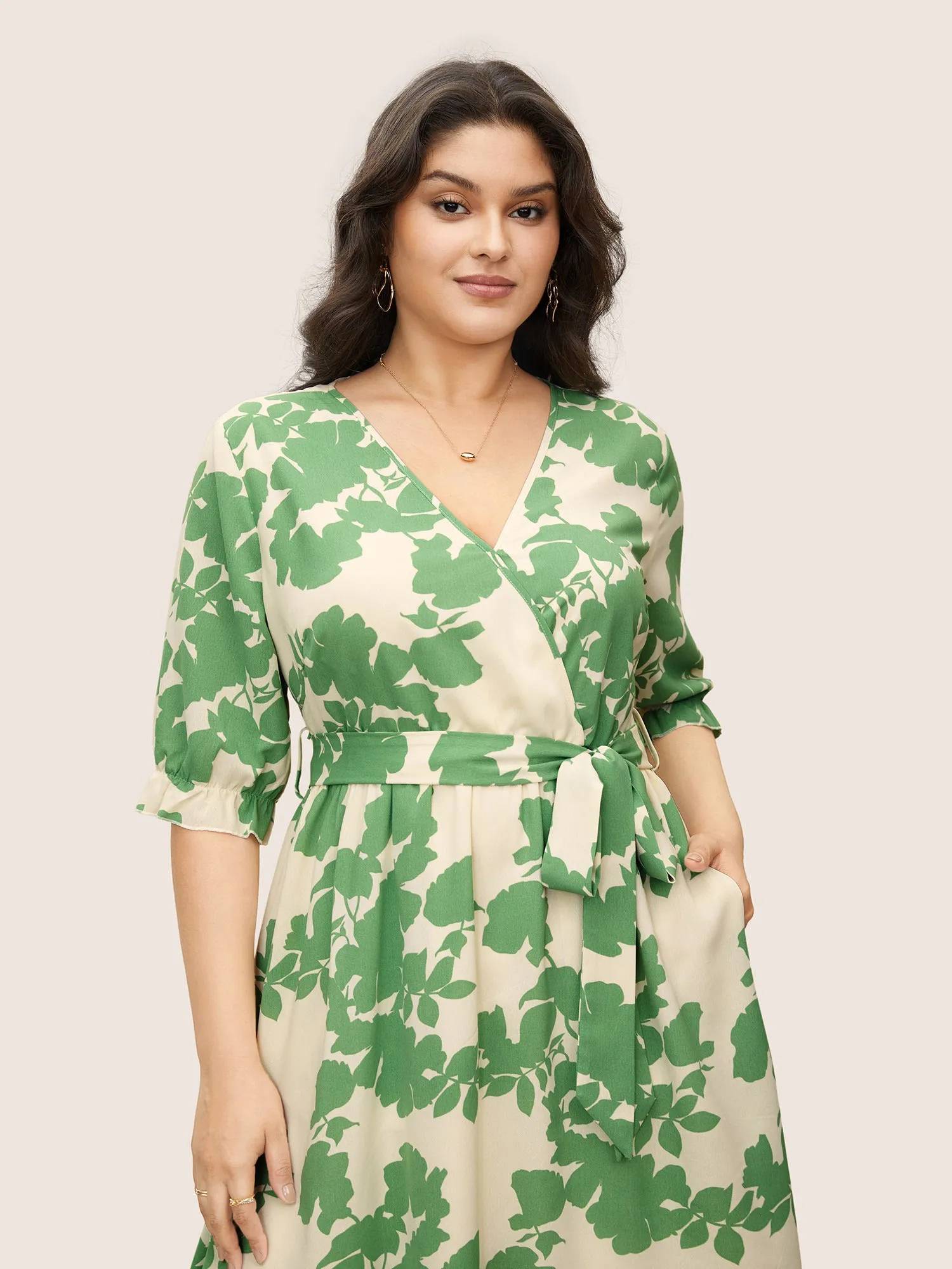 Silhouette Floral Print Overlap Collar Lantern Sleeve Dress sold by Bloomchic product image thumbnail 4