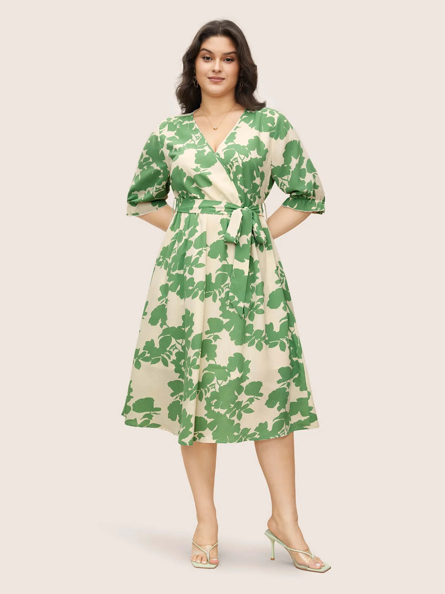 Silhouette Floral Print Overlap Collar Lantern Sleeve Dress sold by Bloomchic