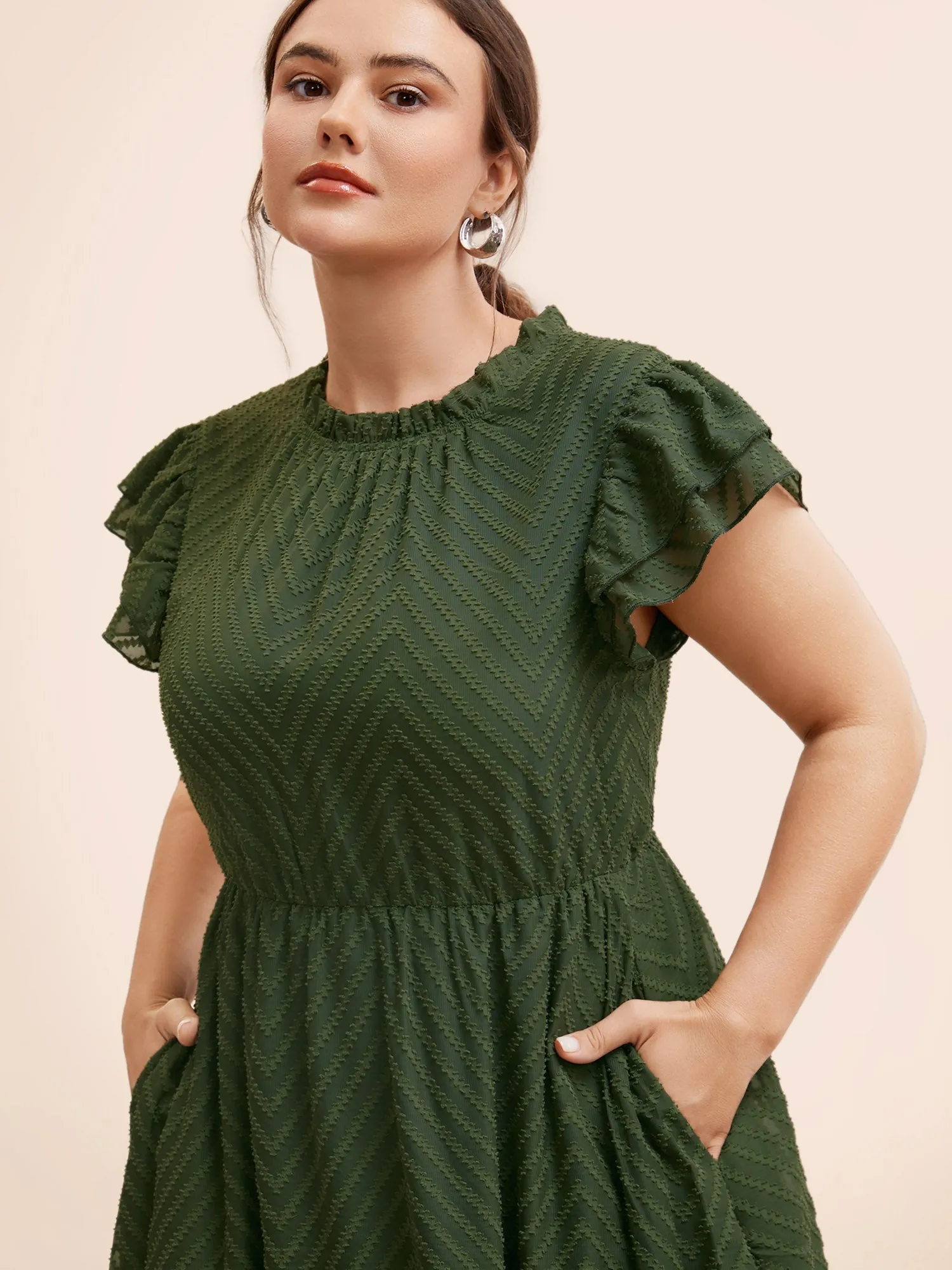 Plain Geometric Layered Sleeve Pocket Ruffle Mock Neck Dress sold by Bloomchic product image thumbnail 2