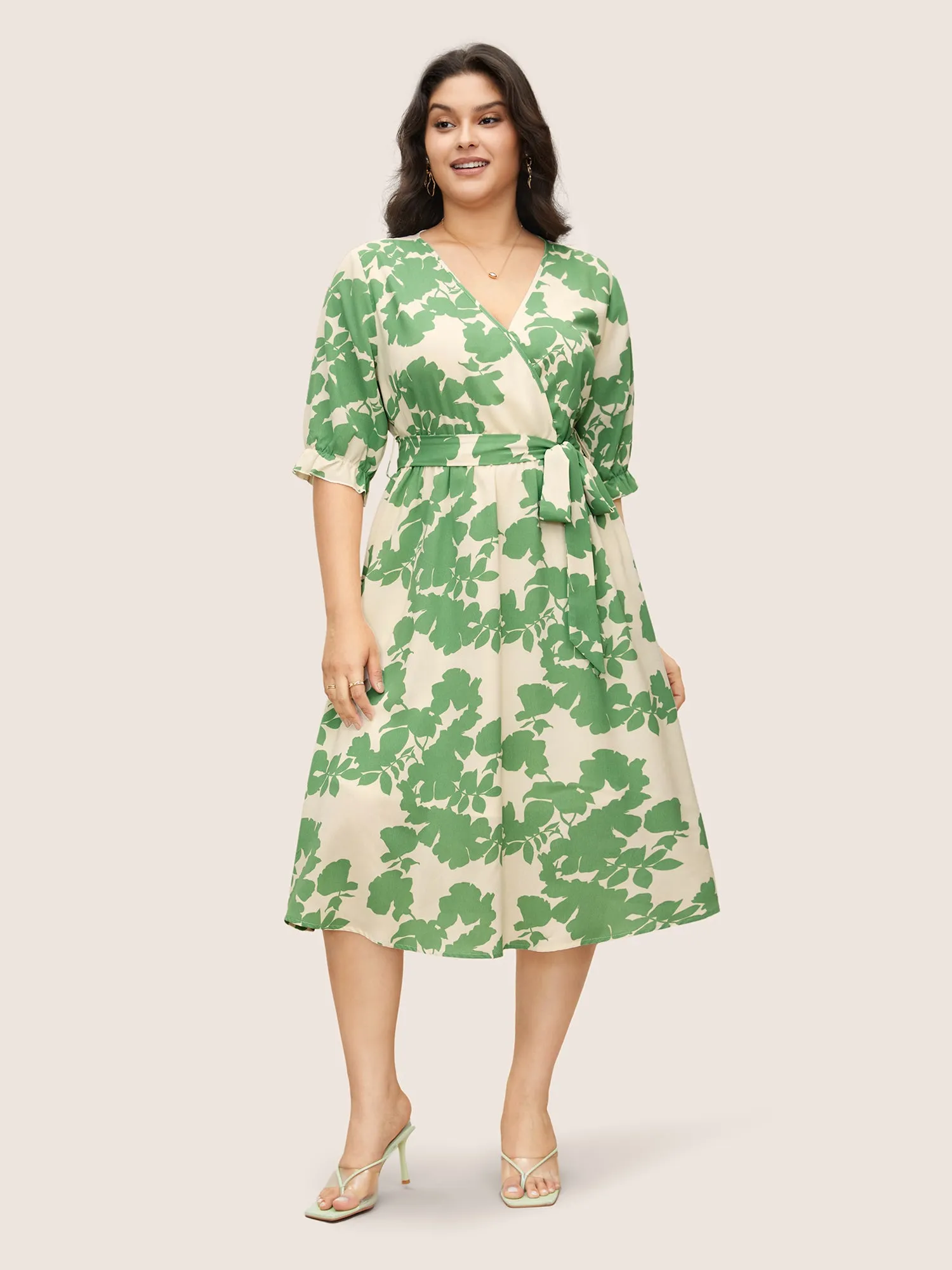 Silhouette Floral Print Overlap Collar Lantern Sleeve Dress sold by Bloomchic product image thumbnail 2