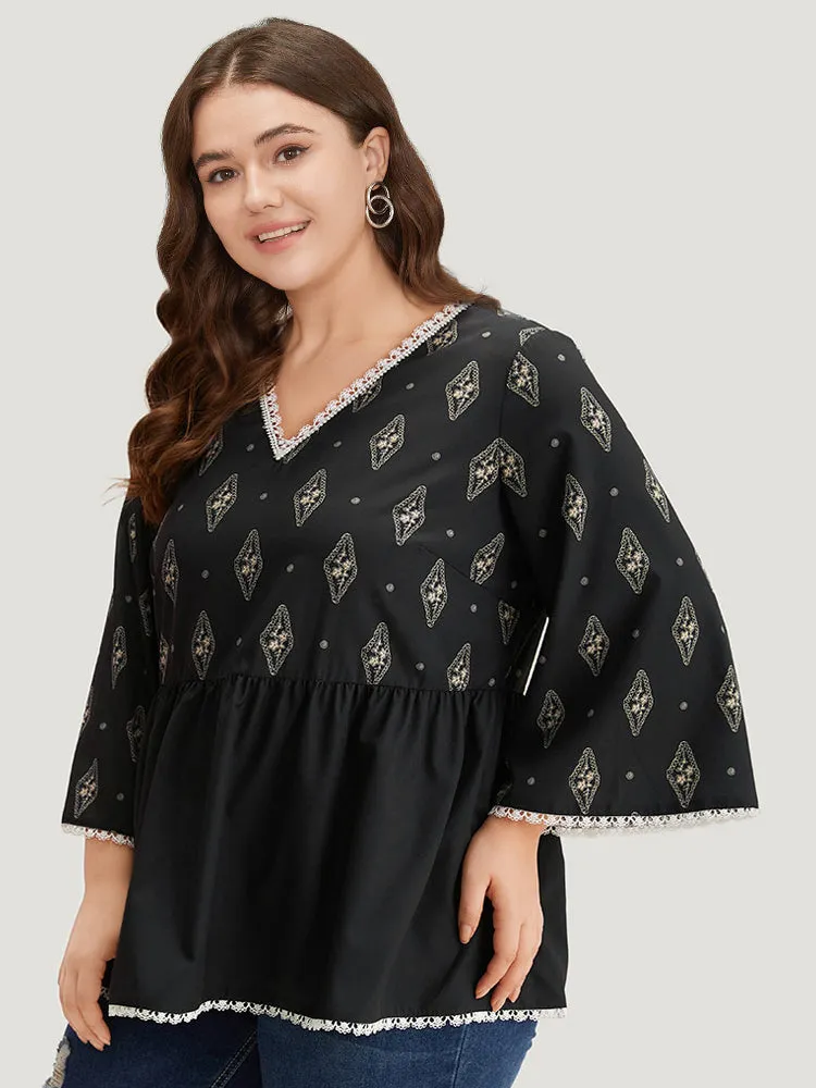 Boho Print Guipure Lace V Neck Bell Sleeve Blouse sold by Bloomchic product image thumbnail 5