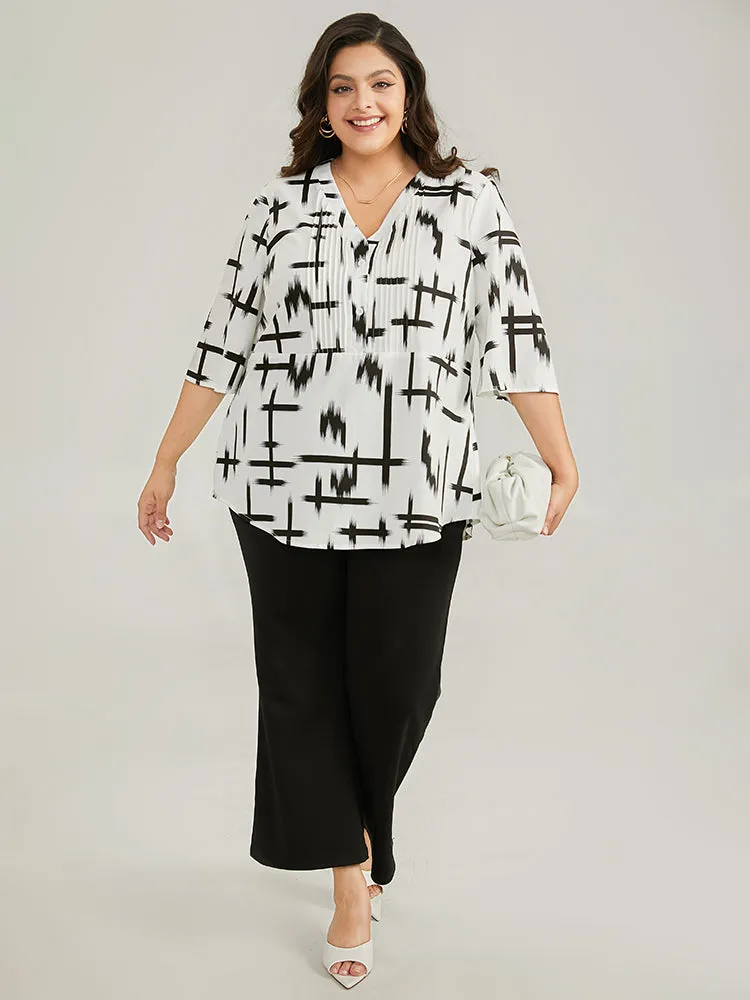 Brush Print V Neck Pleated Ruffles Button Up Blouse sold by Bloomchic product image thumbnail 4