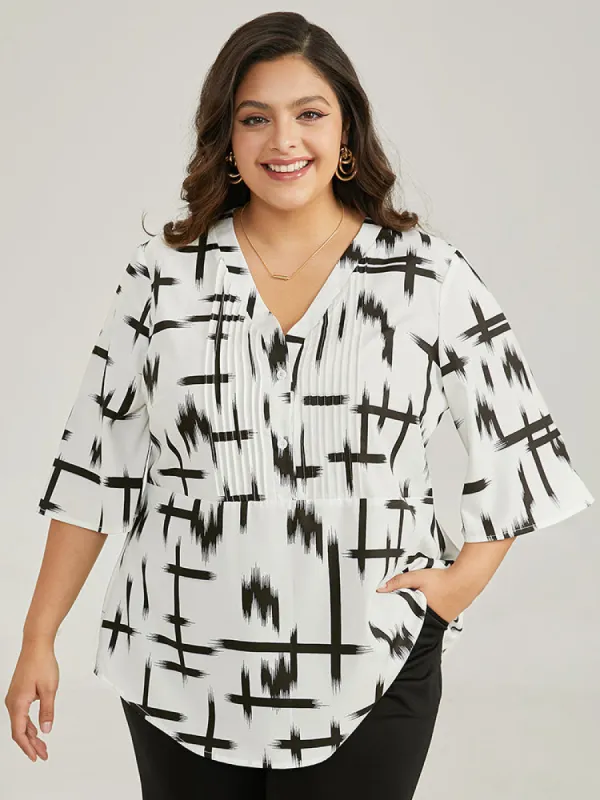 Brush Print V Neck Pleated Ruffles Button Up Blouse sold by Bloomchic