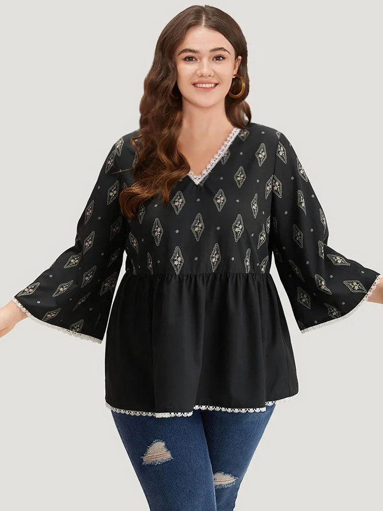 Boho Print Guipure Lace V Neck Bell Sleeve Blouse sold by Bloomchic product image thumbnail 3