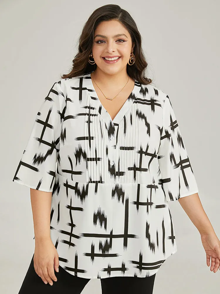 Brush Print V Neck Pleated Ruffles Button Up Blouse sold by Bloomchic product image thumbnail 2