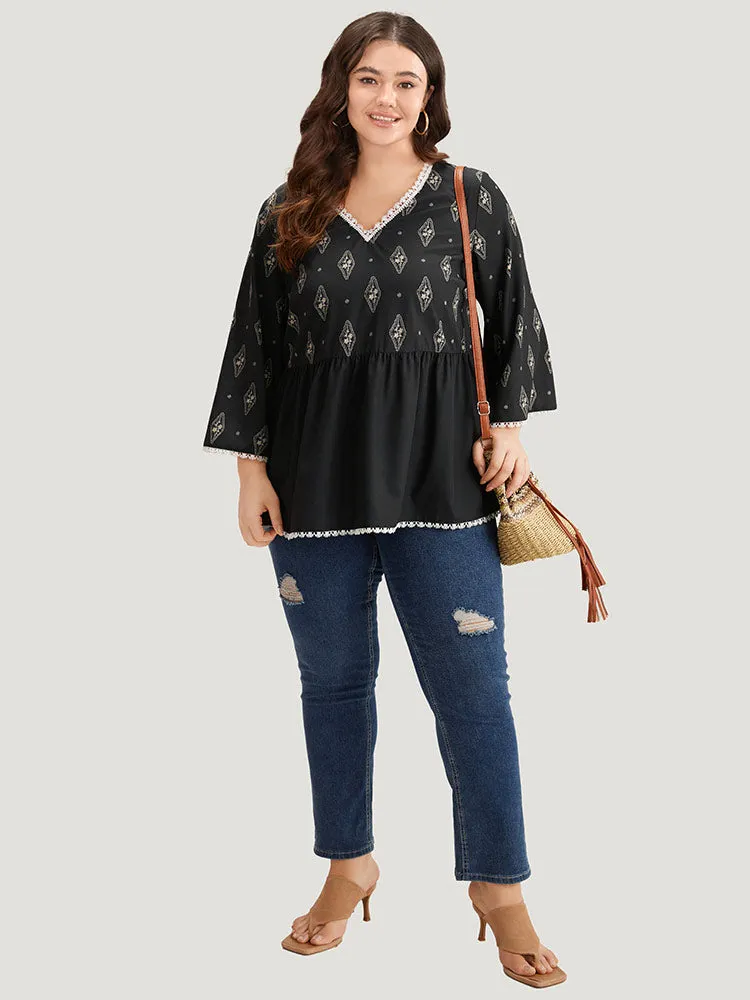 Boho Print Guipure Lace V Neck Bell Sleeve Blouse sold by Bloomchic product image thumbnail 4