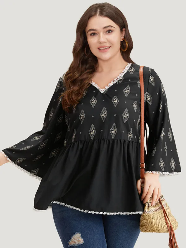 Boho Print Guipure Lace V Neck Bell Sleeve Blouse sold by Bloomchic