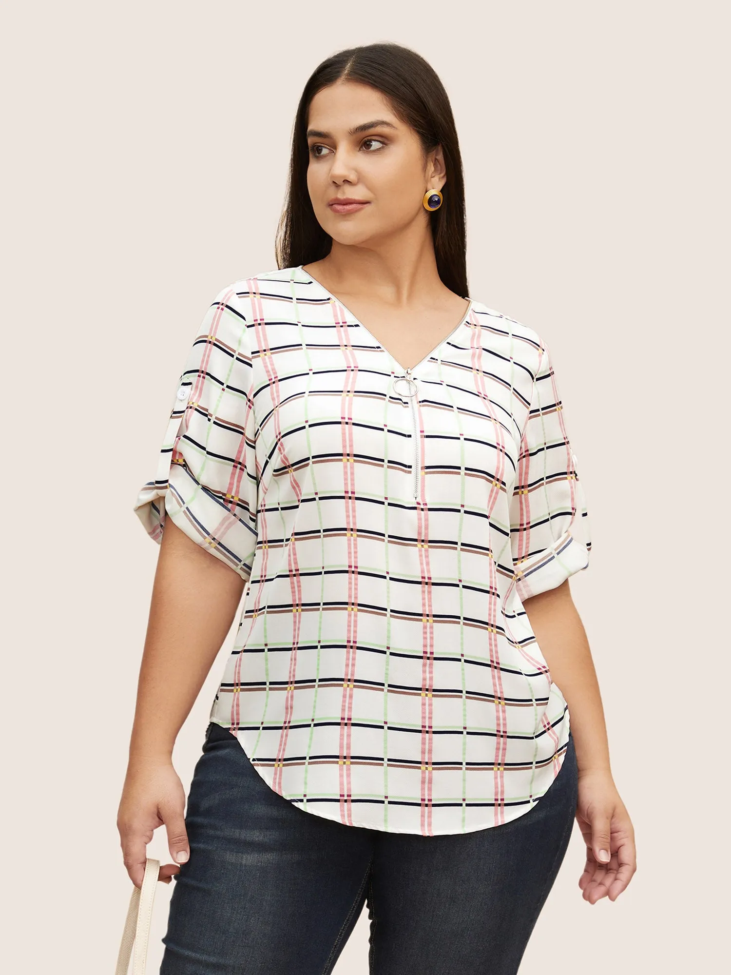 Plaid O Ring Zipper Tab Sleeve Blouse sold by Bloomchic