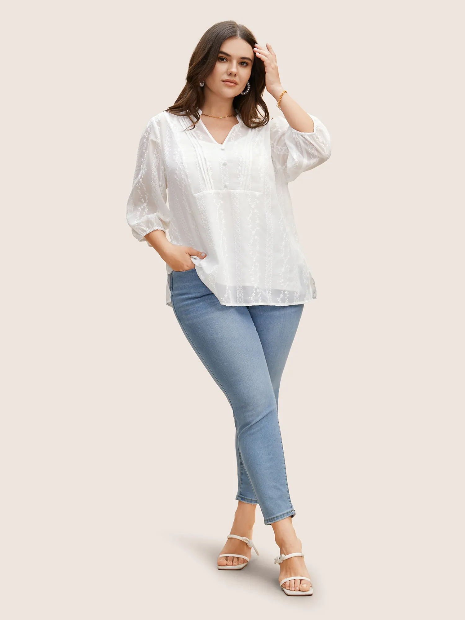 Texture Mesh Button Detail Tucked Seam Blouse sold by Bloomchic product image thumbnail 2