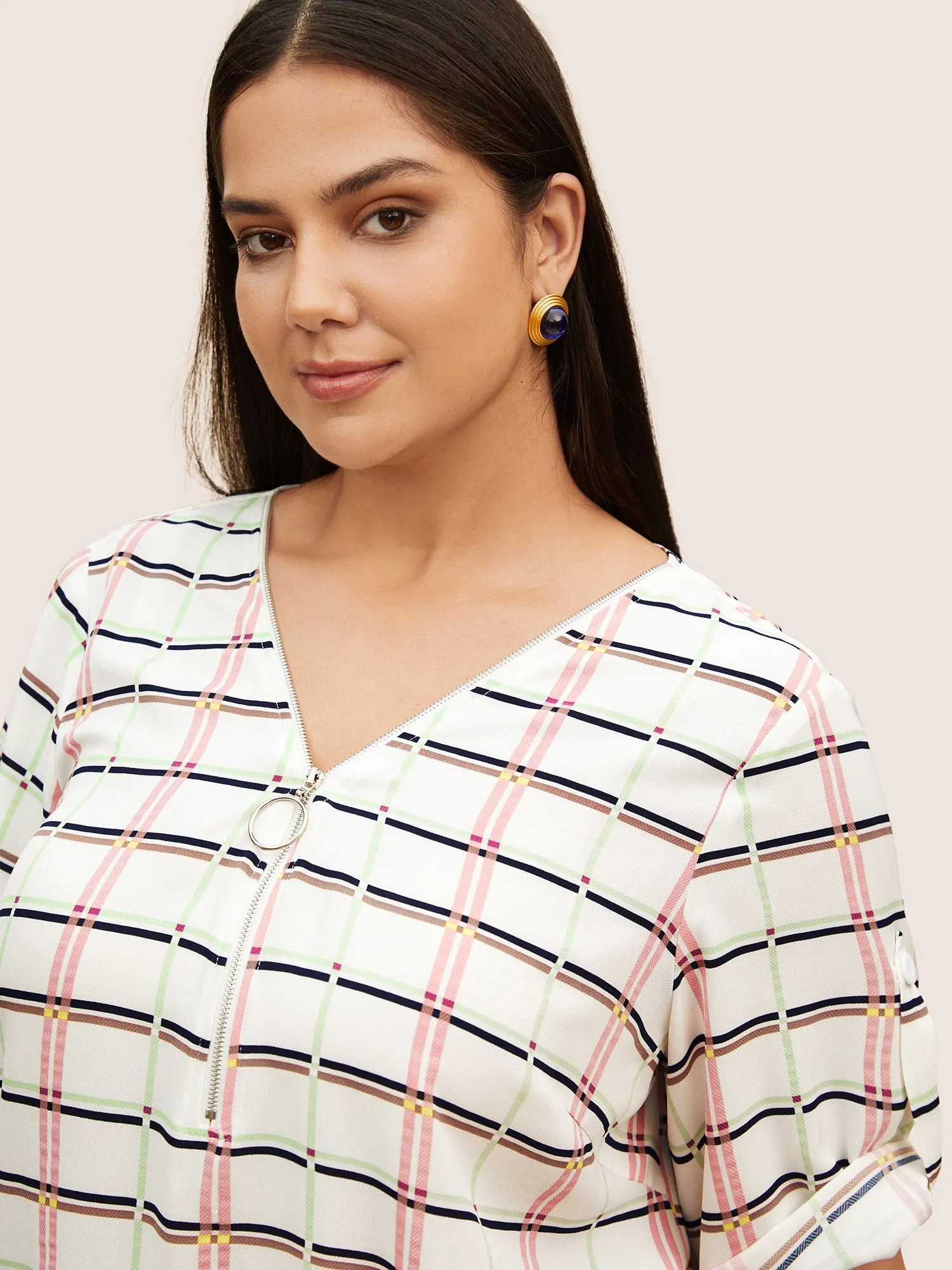 Plaid O Ring Zipper Tab Sleeve Blouse sold by Bloomchic product image thumbnail 3