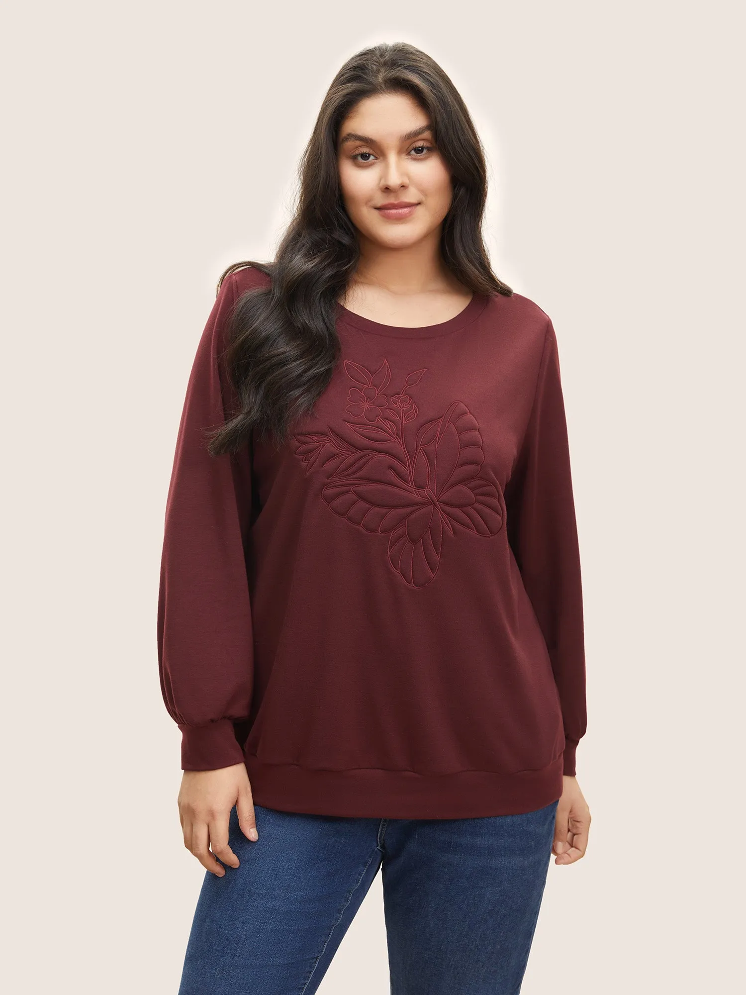 Butterfly & Floral Embroidered Crew Neck Sweatshirt sold by Bloomchic