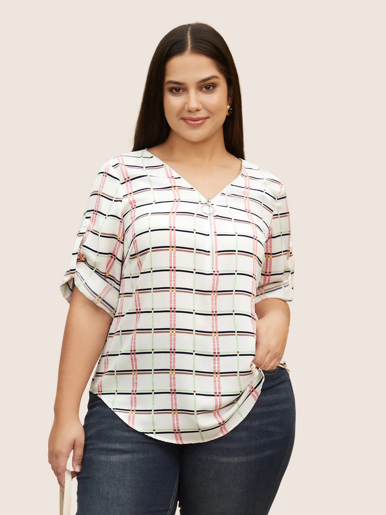 Plaid O Ring Zipper Tab Sleeve Blouse sold by Bloomchic product image thumbnail 4