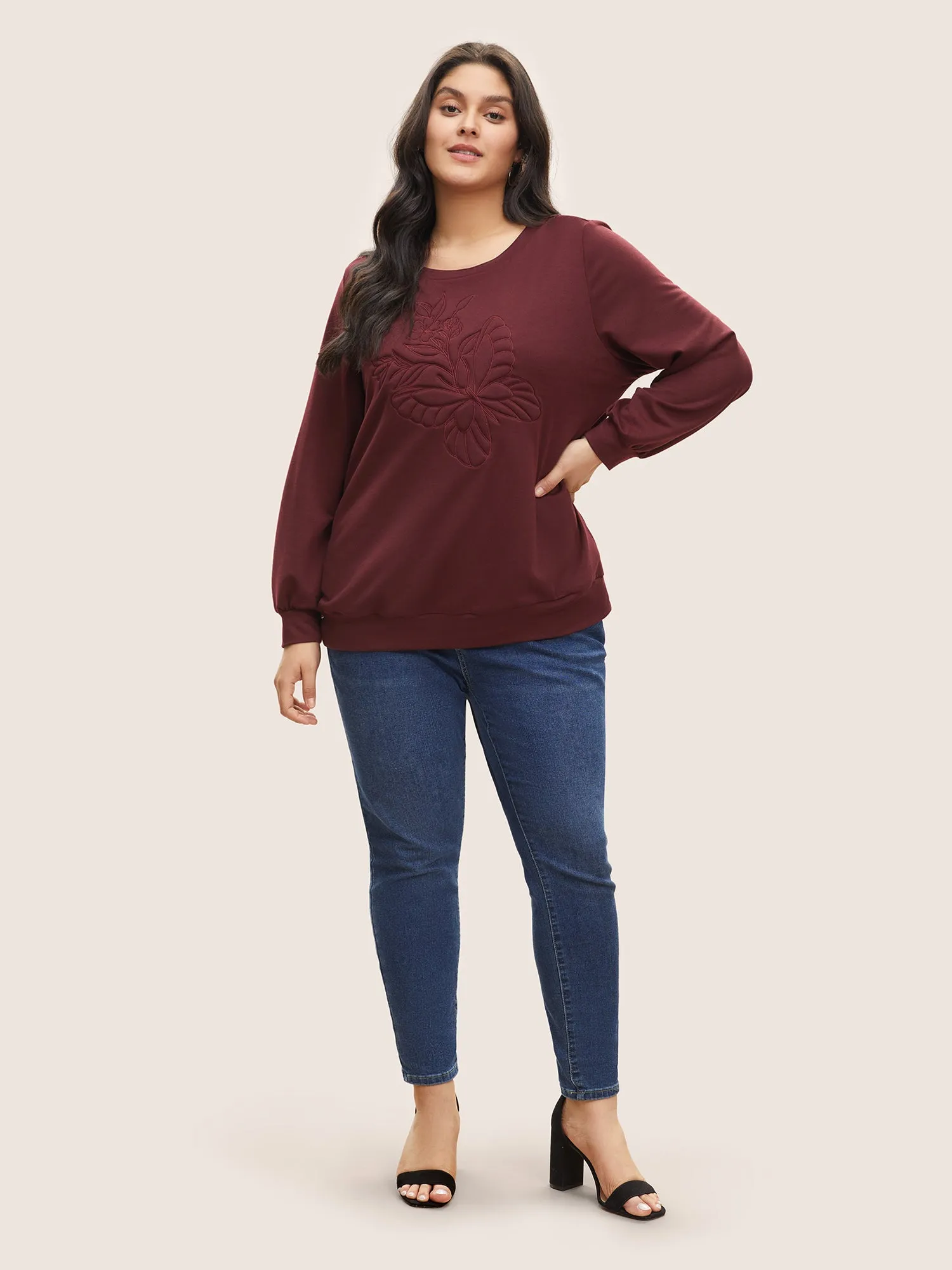 Butterfly & Floral Embroidered Crew Neck Sweatshirt sold by Bloomchic product image thumbnail 3