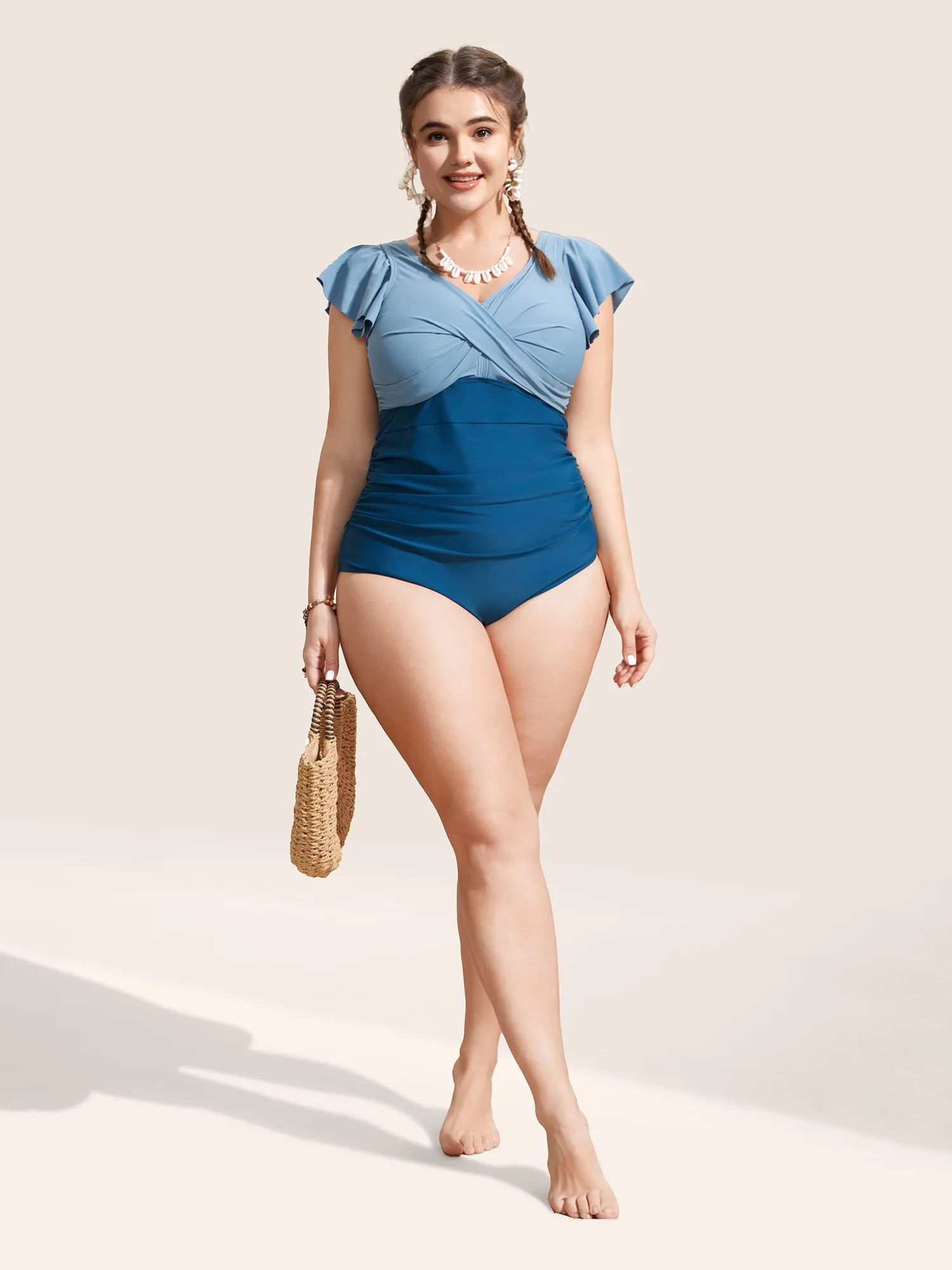 Two Tone Gathered Ruffle Sleeve One Piece Swimsuit sold by Bloomchic product image thumbnail 3