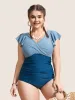 Two Tone Gathered Ruffle Sleeve One Piece Swimsuit sold by Bloomchic