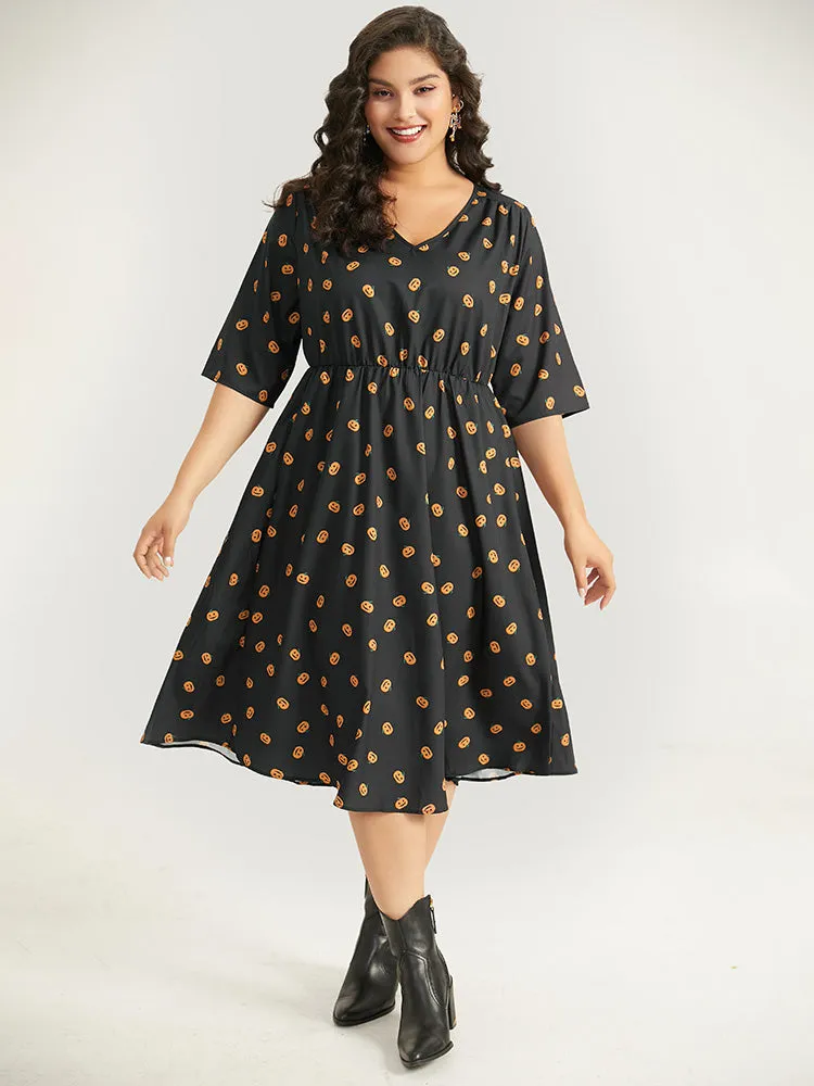 Halloween Pumpkin Print Pocket Elastic Waist Dress sold by Bloomchic