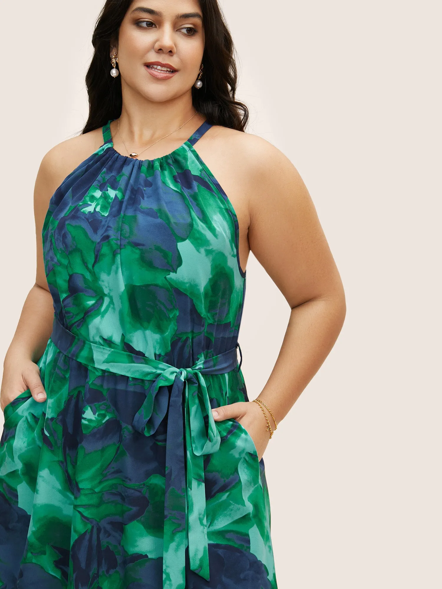 Halter Watercolor Floral Belted Dress sold by Bloomchic product image thumbnail 4