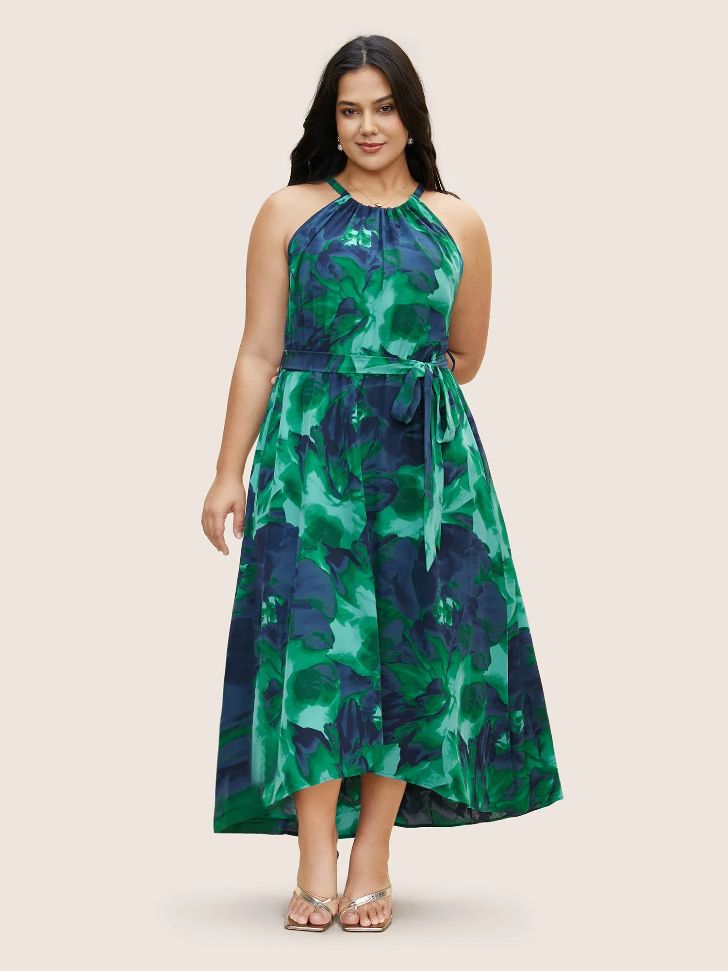 Halter Watercolor Floral Belted Dress sold by Bloomchic