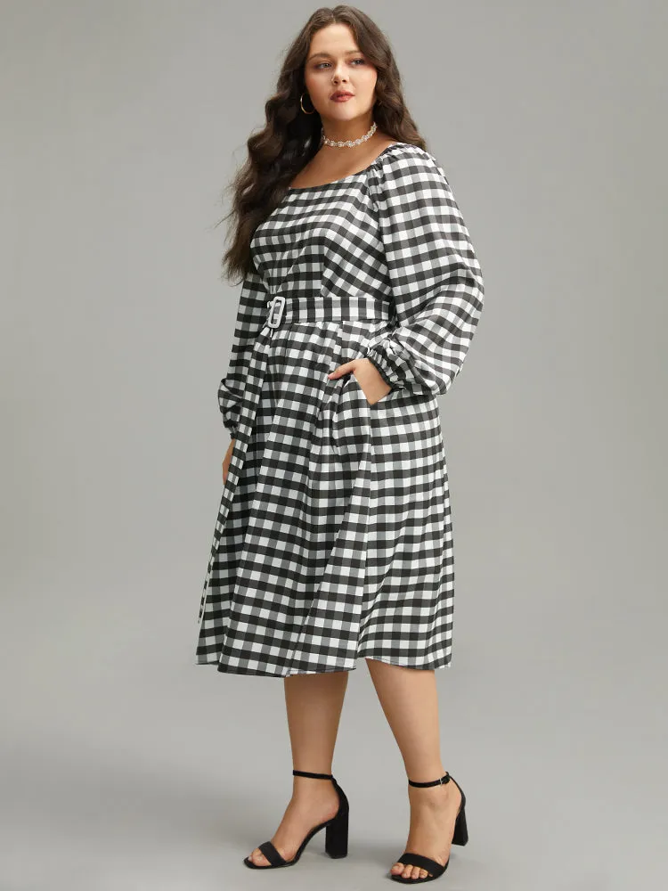Halloween Plaid Print Belted Square Neck Lantern Sleeve Dress sold by Bloomchic product image thumbnail 3