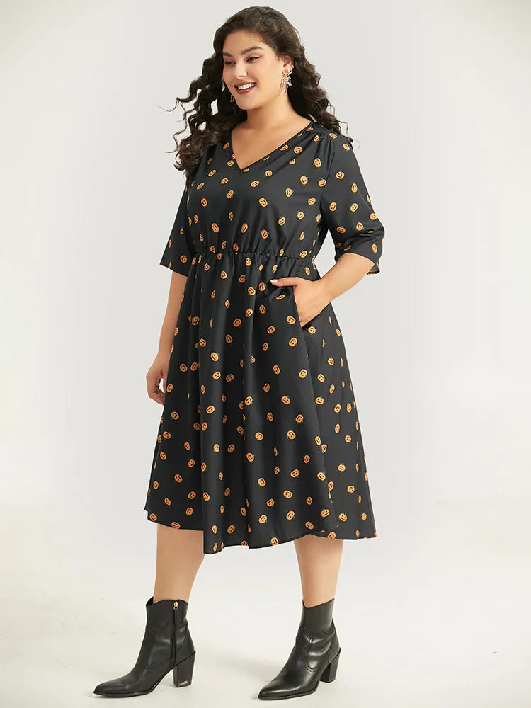 Halloween Pumpkin Print Pocket Elastic Waist Dress sold by Bloomchic product image thumbnail 3