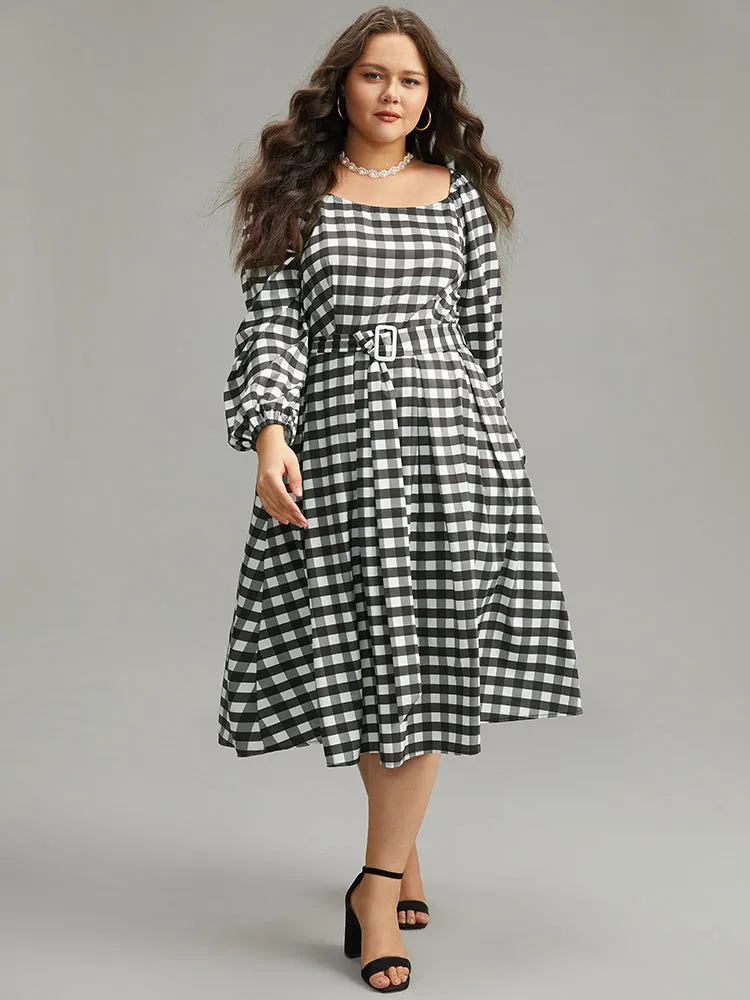 Halloween Plaid Print Belted Square Neck Lantern Sleeve Dress sold by Bloomchic