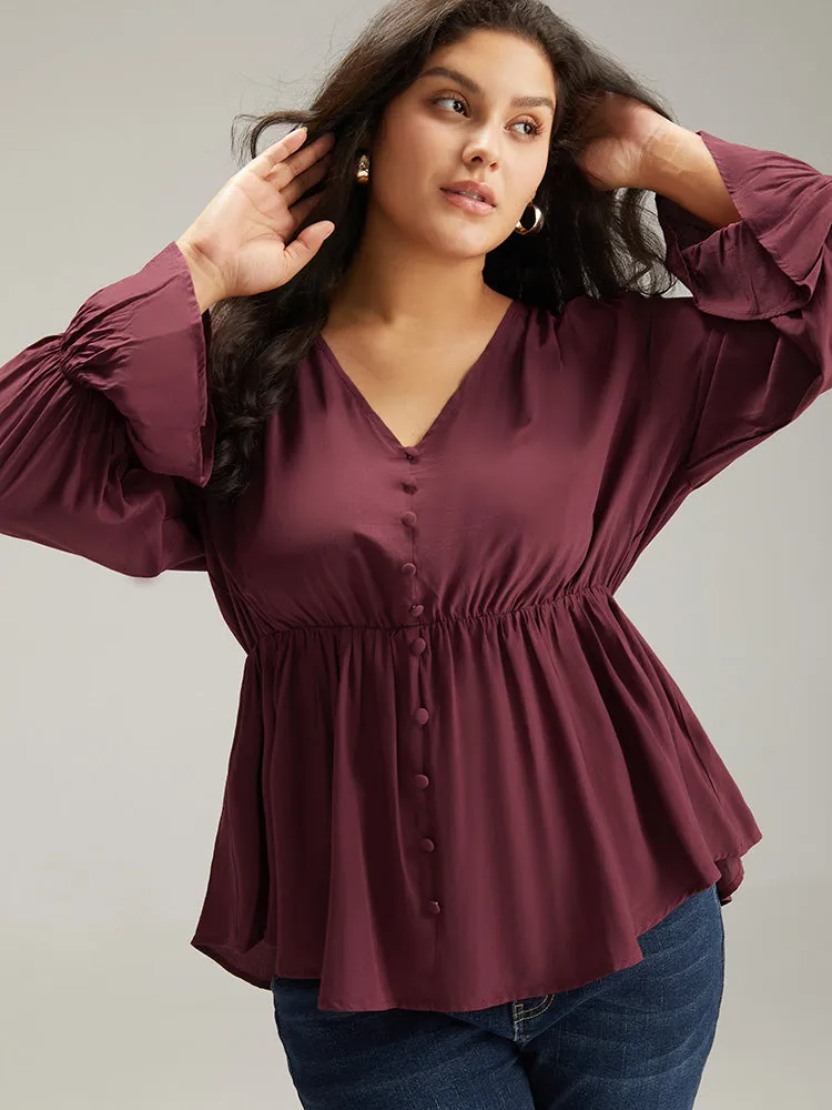 Button Detail Ruffle Trim Blouse sold by Bloomchic