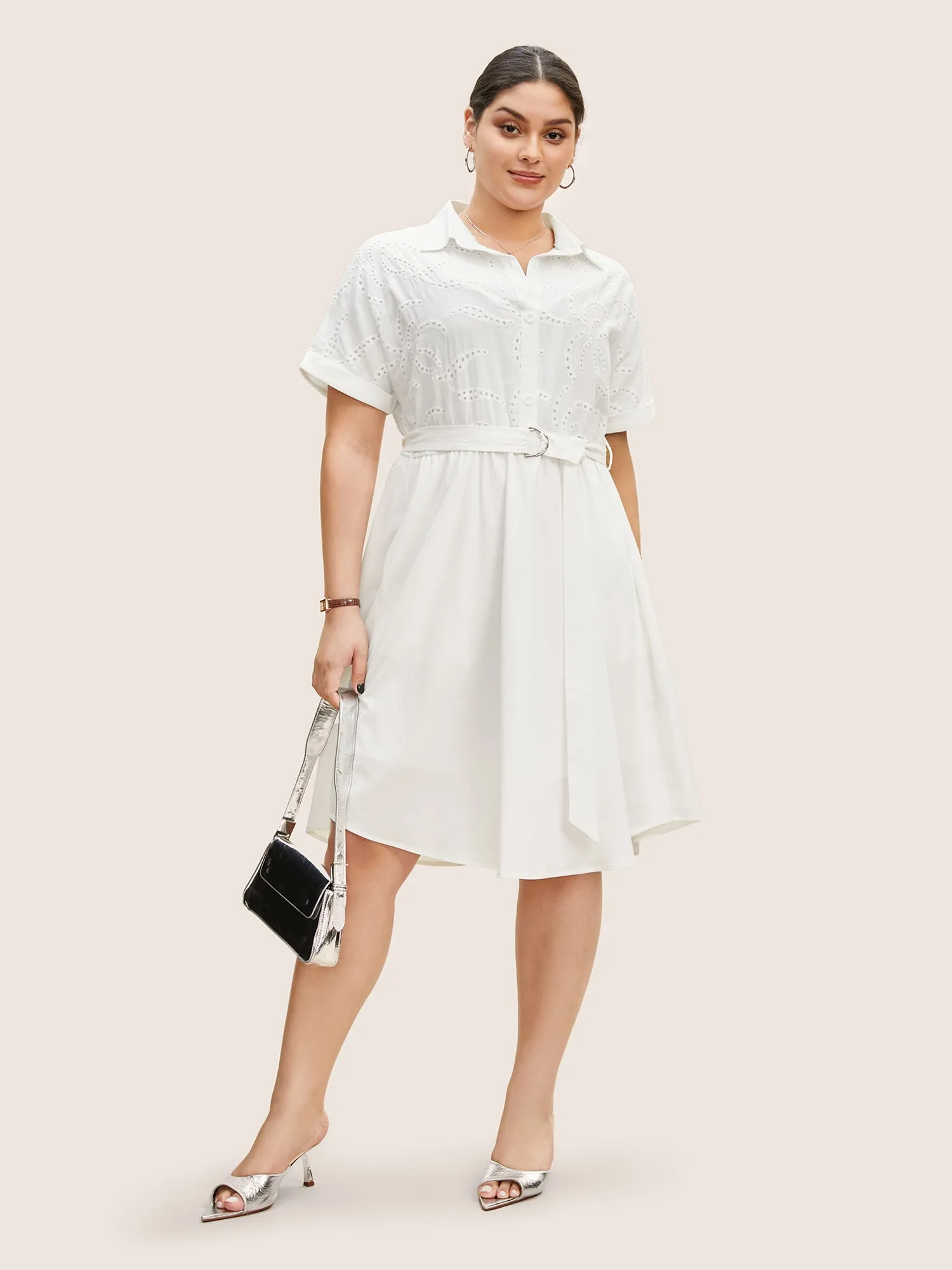 Broderie Anglaise Shirt Collar Belted Dress sold by Bloomchic