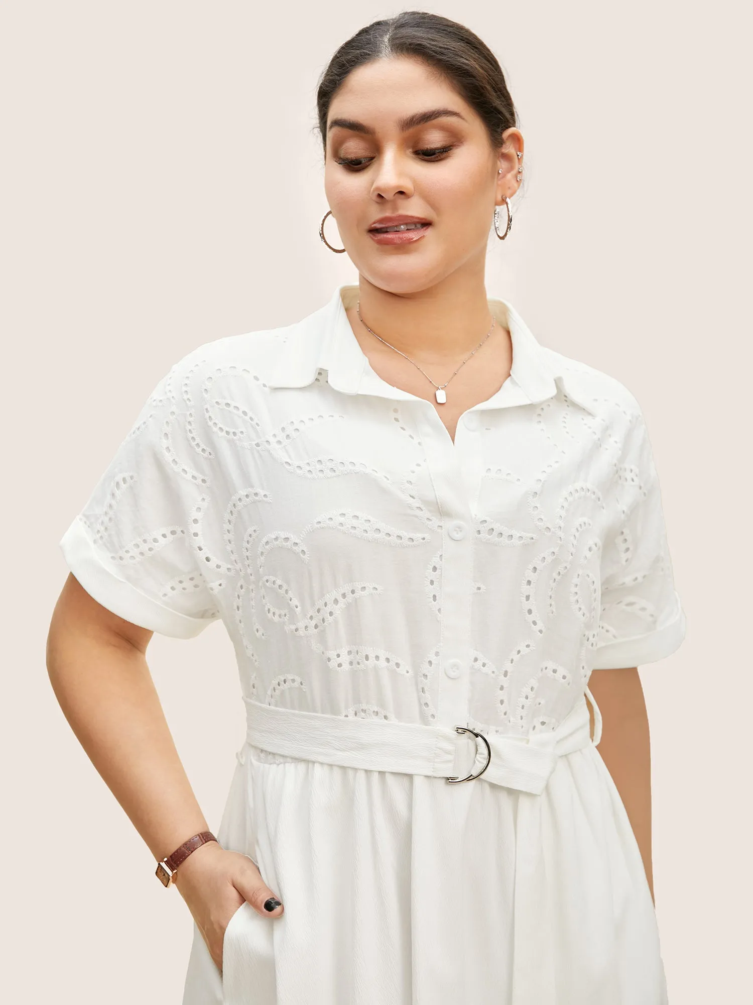 Broderie Anglaise Shirt Collar Belted Dress sold by Bloomchic product image thumbnail 4