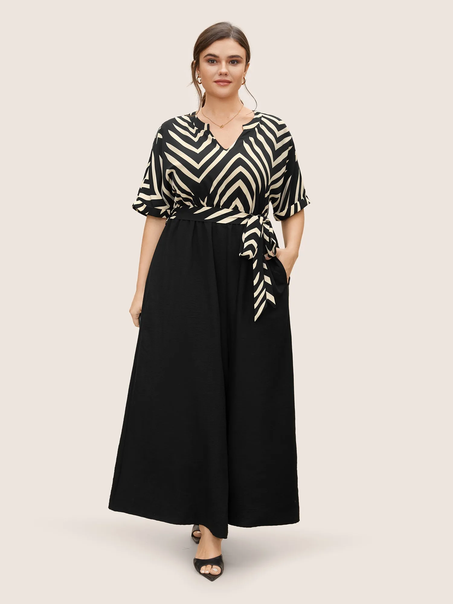 Striped Patchwork Knot Cuffed Sleeve Jumpsuit sold by Bloomchic product image thumbnail 3