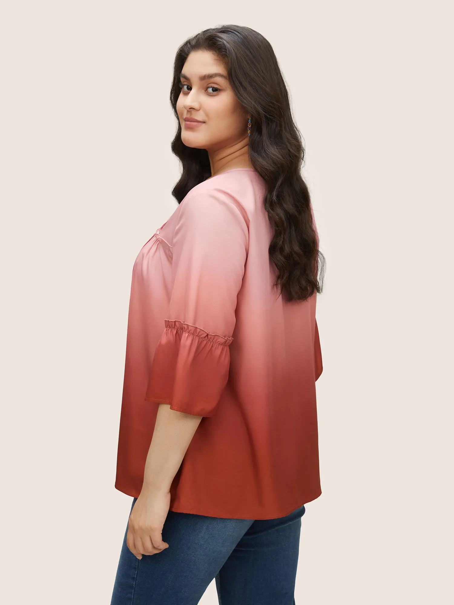 Ombre Tie Neck Gathered Ruffle Sleeve Blouse sold by Bloomchic product image thumbnail 4