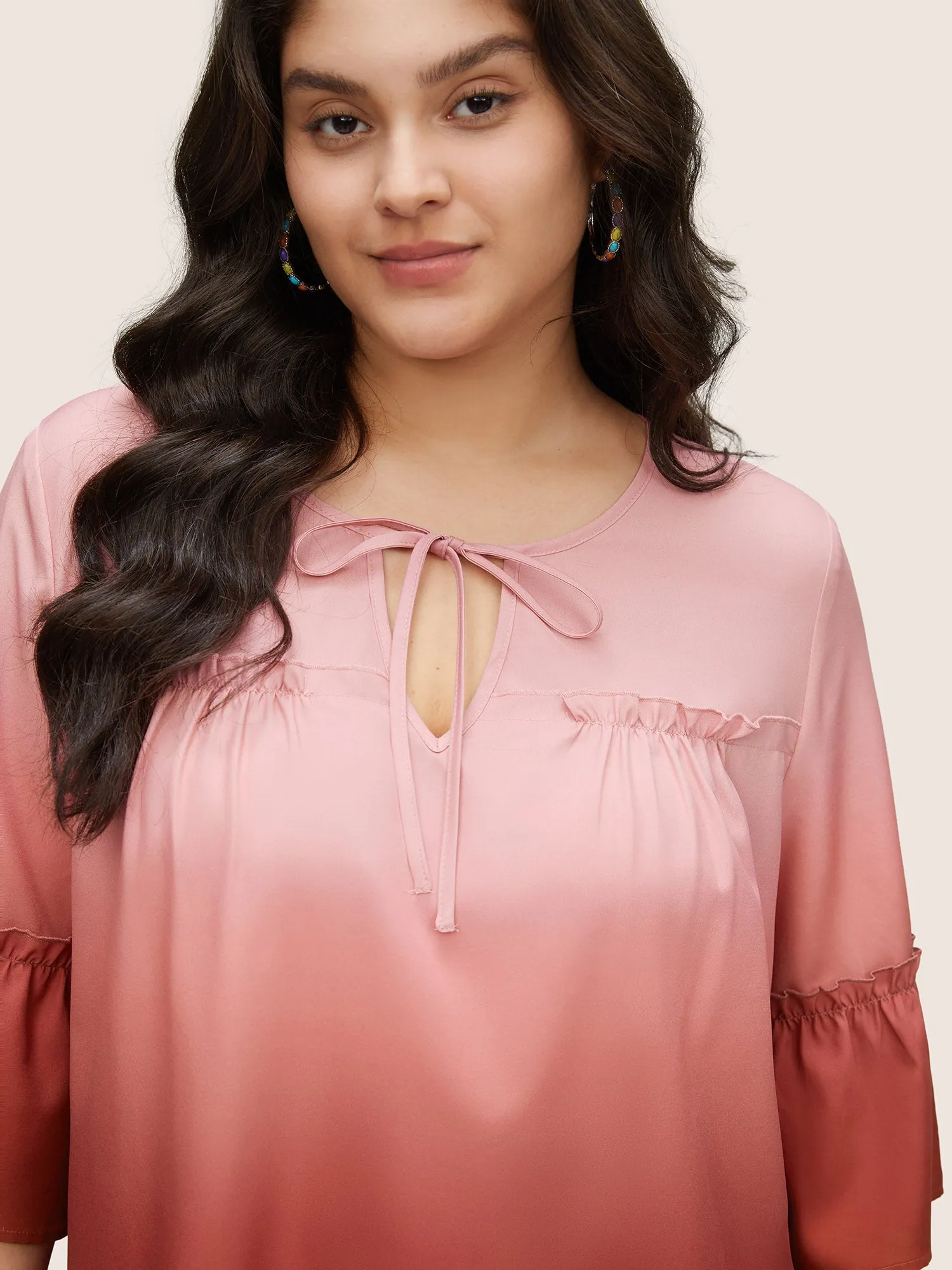 Ombre Tie Neck Gathered Ruffle Sleeve Blouse sold by Bloomchic product image thumbnail 3