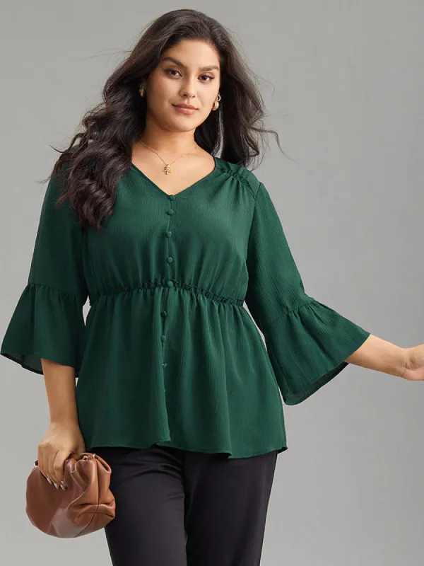 Plisse Button Detail Elastic Waist Blouse sold by Bloomchic