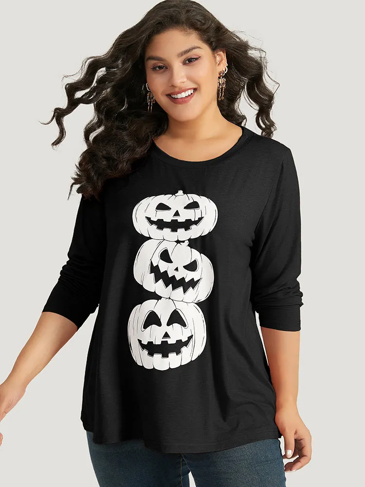 Halloween Three Pumpkin Print Crew Neck T-shirt sold by Bloomchic