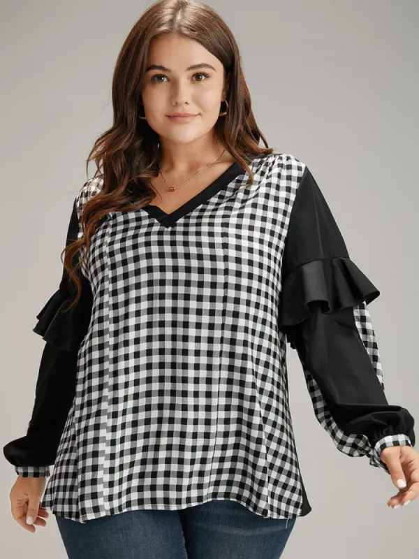 Gingham Patchwork Ruffle Trim Blouse sold by Bloomchic