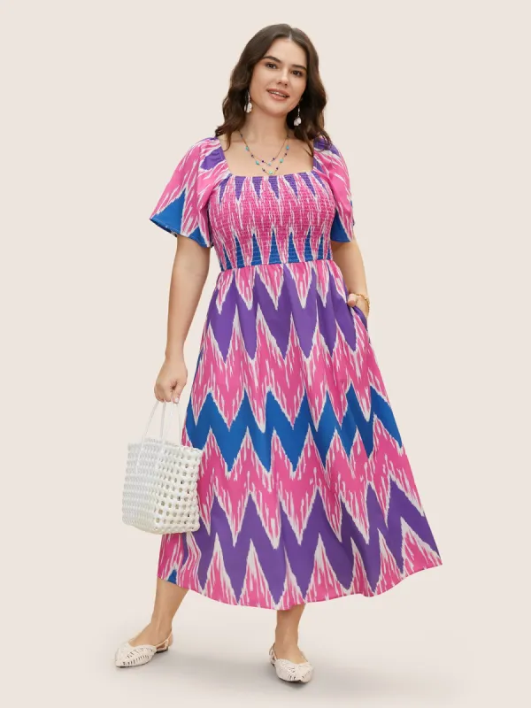 Geometric Contrast Shirred Flutter Sleeve Dress sold by Bloomchic