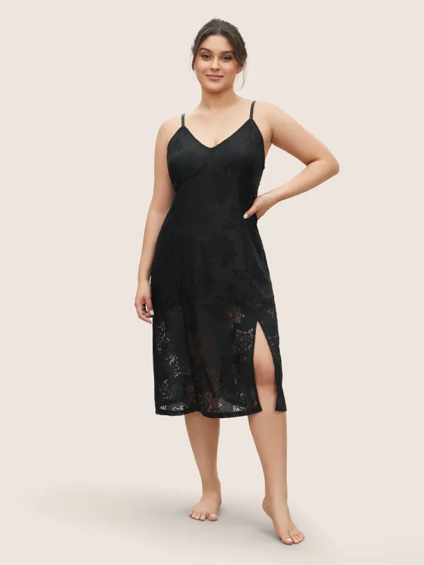 Lace Panel Mesh Split Hem Crisscross Cami Sleep Dress sold by Bloomchic