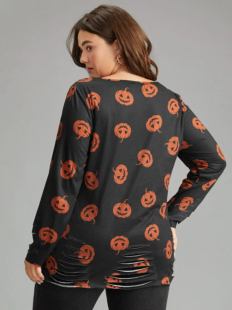 Halloween Pumpkin Print Distressed T-shirt sold by Bloomchic product image thumbnail 2