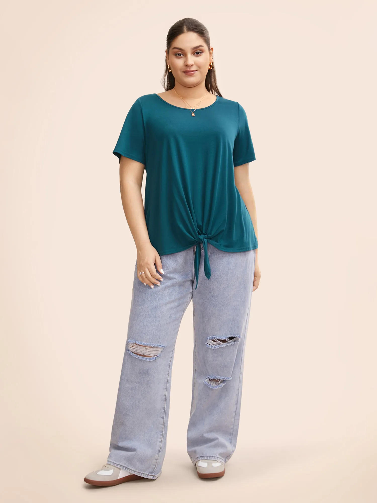 Solid Round Neck Tie Knot T-shirt sold by Bloomchic product image thumbnail 2