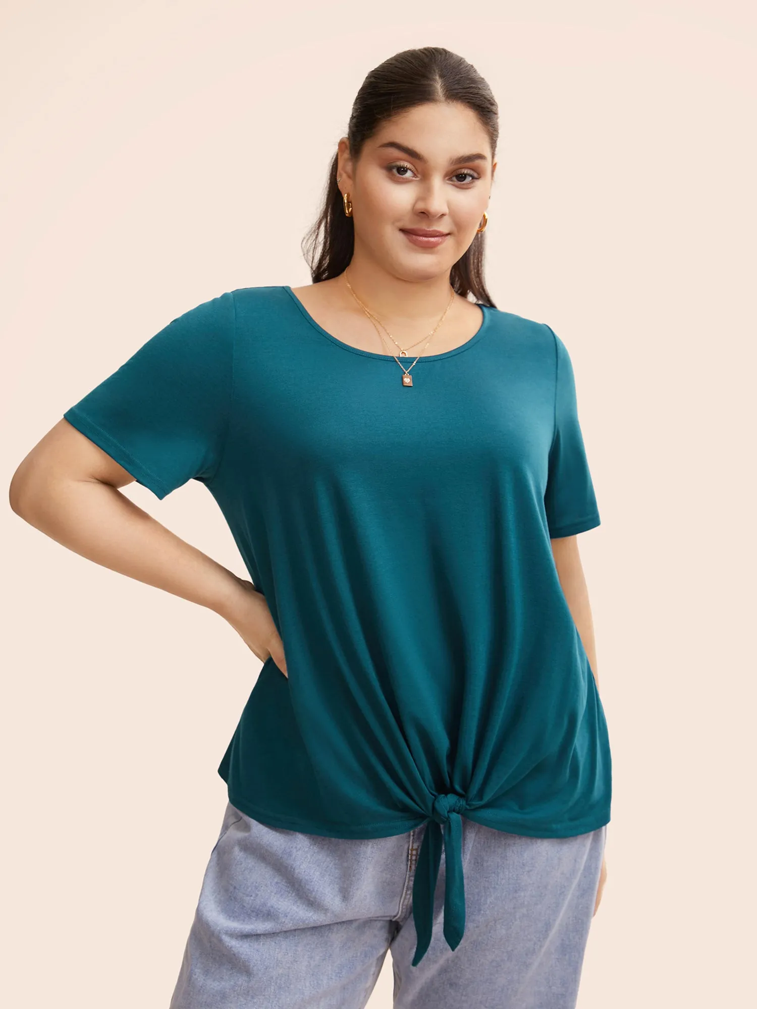 Solid Round Neck Tie Knot T-shirt sold by Bloomchic
