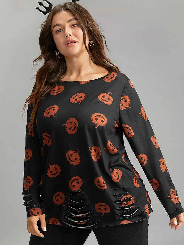 Halloween Pumpkin Print Distressed T-shirt sold by Bloomchic product image thumbnail 3