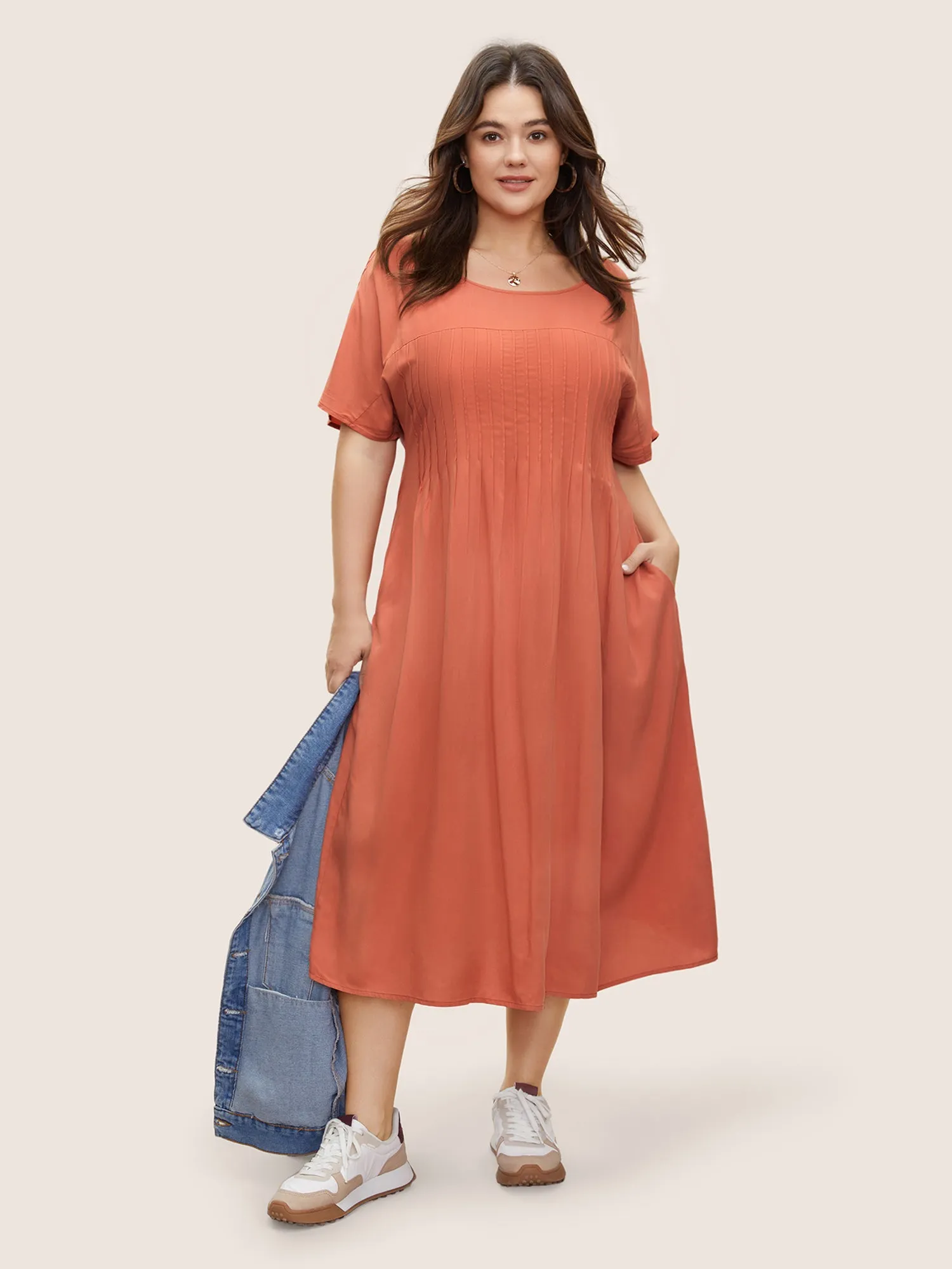 Plain Pleated Pocket Rayon Midi Dress sold by Bloomchic
