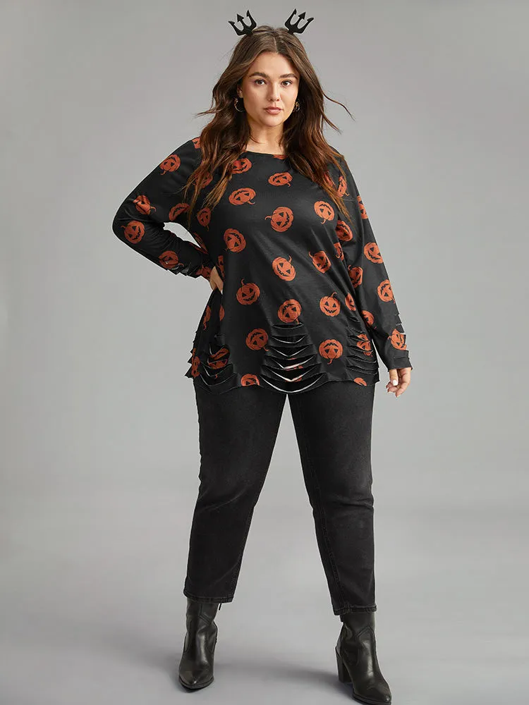 Halloween Pumpkin Print Distressed T-shirt sold by Bloomchic product image thumbnail 4