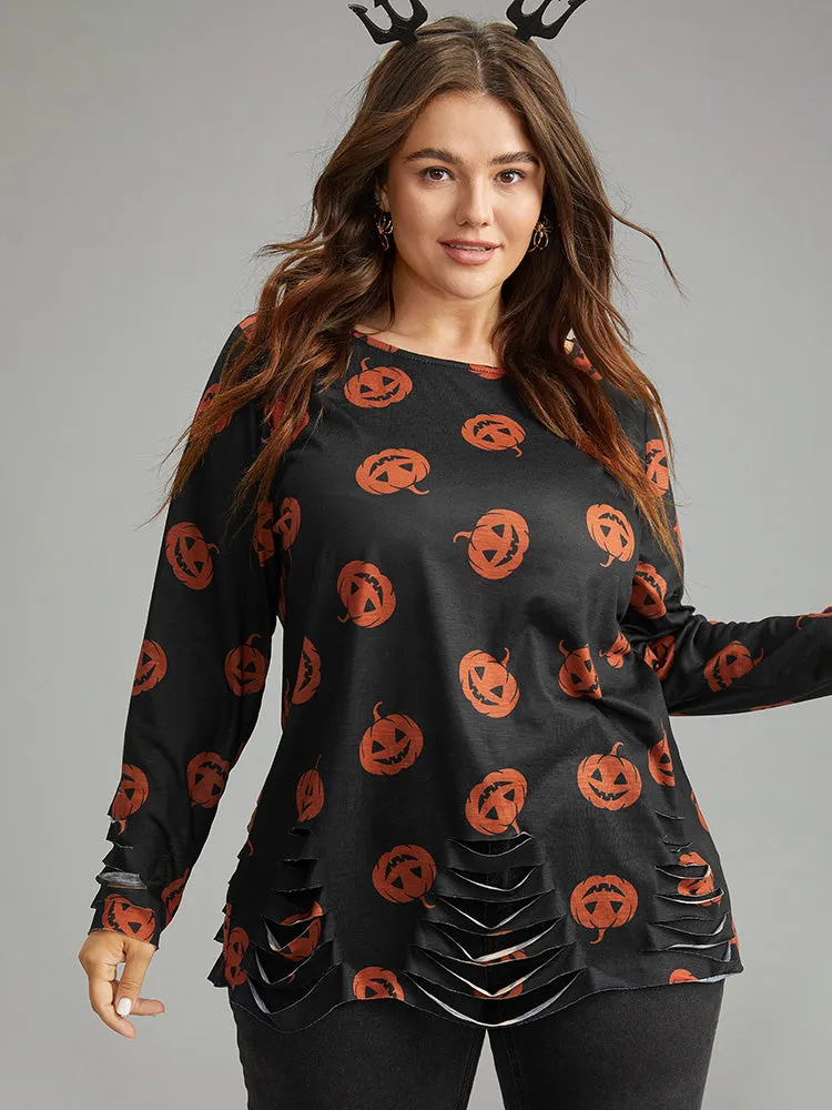 Halloween Pumpkin Print Distressed T-shirt sold by Bloomchic